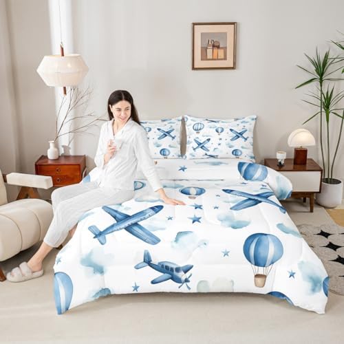 Erosebridal Cartoon Aircraft Toddler Comforter Set for Boys, Dreamy Hot Air Balloon Bedding Set, Blue White Clouds Comforter for Kids Teens Girls Adults Bedroom, Airplane Star Print Quilt