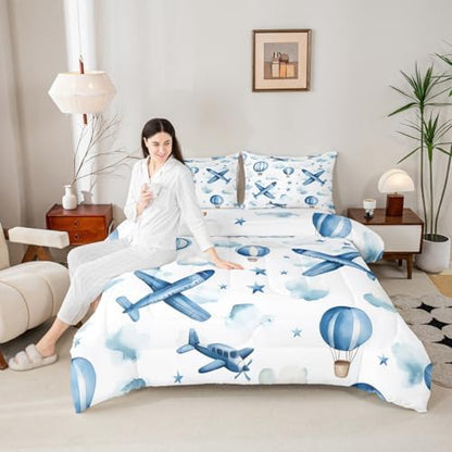 Erosebridal Cartoon Aircraft Toddler Comforter Set for Boys, Dreamy Hot Air Balloon Bedding Set, Blue White Clouds Comforter for Kids Teens Girls Adults Bedroom, Airplane Star Print Quilt