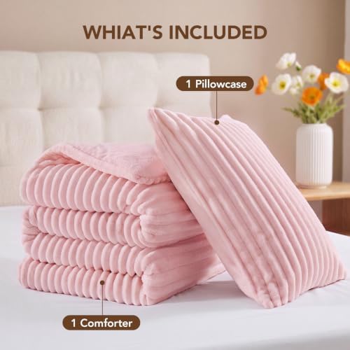 HYLEORY Fluffy Twin Comforter Set 2 Pieces - Fleece Fluffy Soft & Warm Plush Pink Comforter Sets, Luxury Fuzzy Bedding Sets, All Season Heavy Bed Set Twin Size with 1 Pillowcase