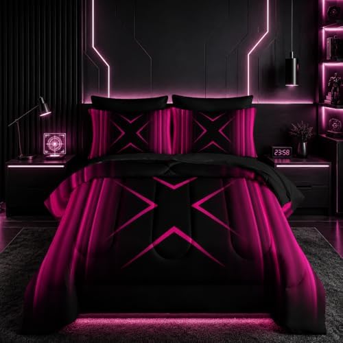 Nttopship Pink Black Geometric Comforter Set King Size 7Pieces,3D Abstract Mordern Printed Bedding Set for Adults,Geometric Mordern Decor All Seasons with Pillowcases,Flat, Fitted Sheet