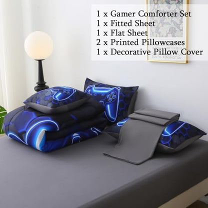 JQinHome Full Size Gaming Bedding Set 6-Piece Comforter for Boys Teens - 3D Video Game Print Bed in a Bag with Sheets, Blue Cool Black Design (Full)