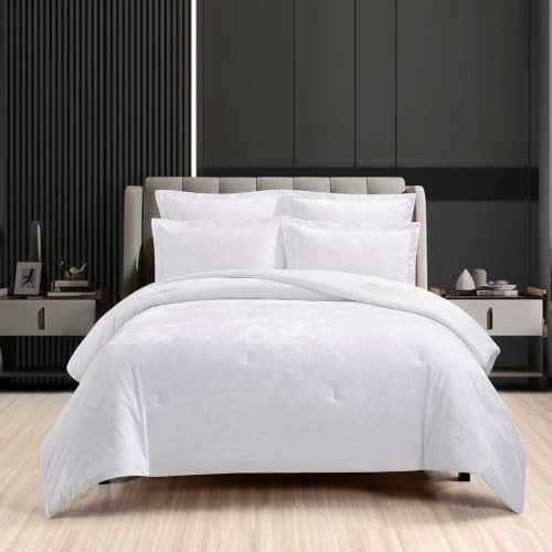 Fredsure Distressed Velvet Comforter Set, 5 Pieces Bright White King, Distressed Velvet Face and Brushed Microfiber Reverse