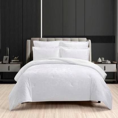 Fredsure Distressed Velvet Comforter Set, 5 Pieces Bright White King, Distressed Velvet Face and Brushed Microfiber Reverse