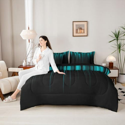 Feelyou Neon Teal Black Comforter Set with Sheets 7 Piece Twin Size Geometric Bedding Set for Kids Boys Girls Ombre Bed in a Bag Room Decor Soft Lightweight Microfiber