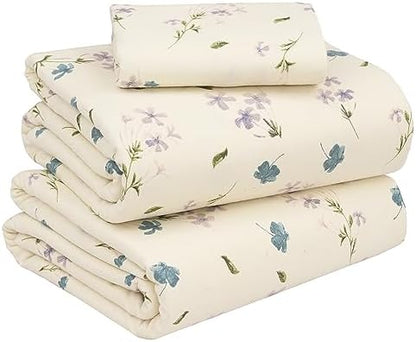 RUVANTI 100% Cotton Flannel Sheets Twin Size, 3 Pcs, Jasmine Stamp Cream