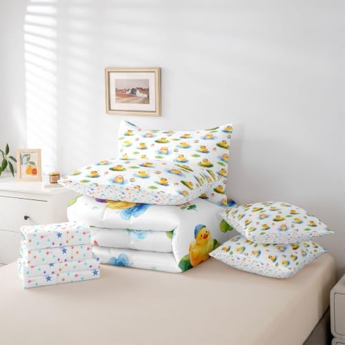 Erosebridal Cute Yellow Duck Full Bedding Set 7 Piece Kawaii Rubber Ducks Bed in A Bag with Sheets Cartoon Animal Print Comforter Set for Kids Adults,Funny Duck Lotus Bed Sets
