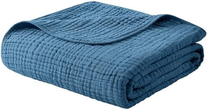 Yoofoss Muslin Blanket 100% Organic Cotton Throw Large 50" x 60" for Bed Couch Summer Gauze Blanket for Adults Lightweight and Breathable Dark Blue