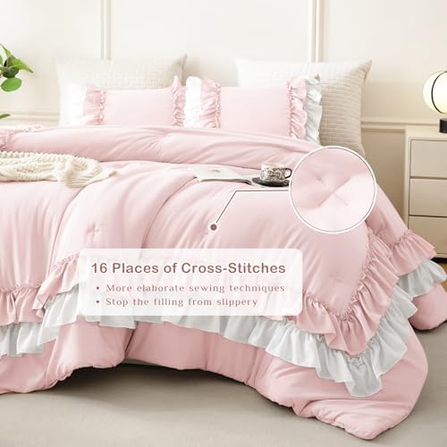 Masaca Pink Comforter Set Queen,Farmhouse Shabby Boho Chic Bedding White Ruffle Comforter Vintage Rustic French Country Bedding Set 3PCS (1 Ruffled Comforter and 2 Pillowcases)