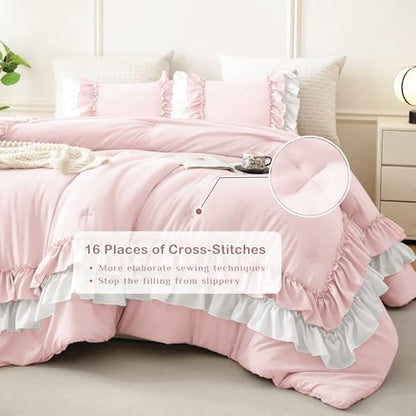 Masaca Ruffled King Comforter Set,Farmhouse Shabby Boho Bedding Comforter Lightweight Ultra Soft Pink and White Vintage French Country Bedding Set 3Pcs (1 Ruffle Comforter and 2 Pillowcases)