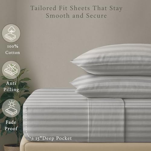 Threadmill 500TC Cotton Twin Sheet Set, Damask Stripe, Light Grey, 3-Piece