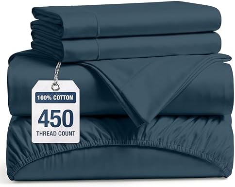 450TC 100% Cotton California King Sheets - Soft Sateen Weave, Estate Blue