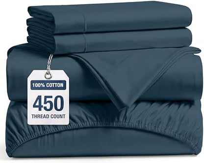 450TC 100% Cotton King Sheet & Pillowcase Sets - Sateen Weave, Estate Blue