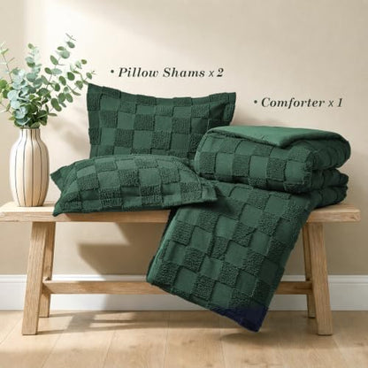 Sasttie Queen Comforter Set, 3 PC Boho Tufted Bed, Checkered Bedding, Green