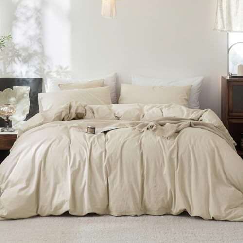 FOSSA Duvet Cover Set 100% Washed Cotton Linen Feel Super Soft Breathable Cozy 3 Pieces Bedding Sets Solid Almond Grey Queen