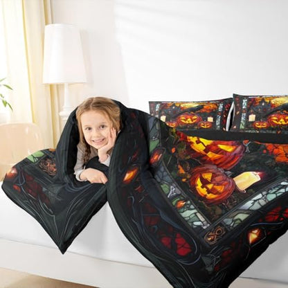 Crow Kids Comforter Set Full Size,Halloween Pumpkin Lantern Lamp Gothic Bedding Set,Girls Boys Room Decor,Castle Branch Geometric Patchwork Quilt Comforter,Black Retro Duvet Insert,2 Pillowcases
