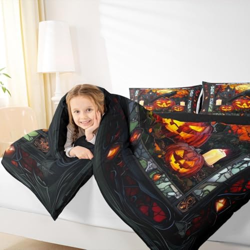Crow Kids Comforter Set Twin Size,Halloween Pumpkin Lantern Lamp Gothic Bedding Set,Girls Boys Room Decor,Castle Branch Geometric Patchwork Quilt Comforter,Black Retro Duvet Insert,1 Pillowcase