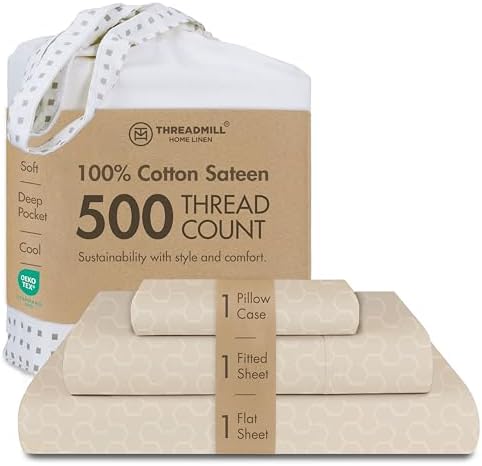 Threadmill 500 Thread Count Cotton Twin Sheet Set, Sateen, Jacquard, Beige