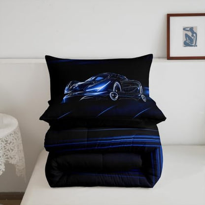 Feelyou Blue Race Car Bedding Set Queen Size for Kids Teens