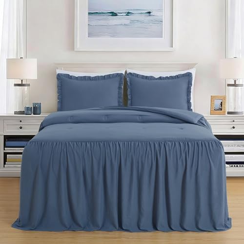 Chezmoi Collection Sinclair 3-Piece Ruffle Skirt Bedspread Set - French Country Chic Farmhouse - California King, Dusty Blue