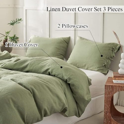Simple&Opulence 100% Linen Duvet Cover Set 3pcs with Bowknot Ties Closure Natural French Washed Flax Solid Color Soft Breathable Farmhouse Bedding - Sage Green, King Size