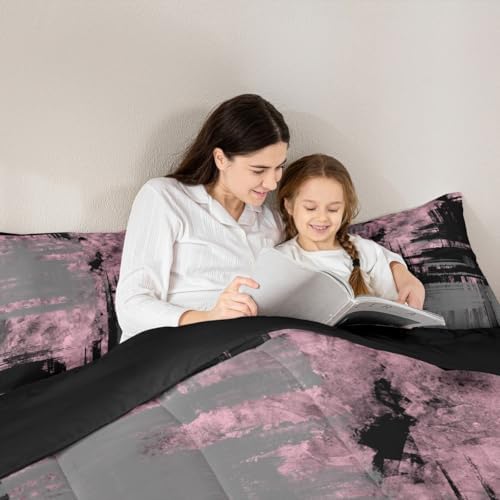 Kids Pink Grey Black Bedding Set Full Size Abstract Duvet Quilt for Boys Girls Teens Bedroom Decor Geometric Comforter Set Breathable Soft Lightweight Microfiber Women Men Modern with 2 Pillow Case
