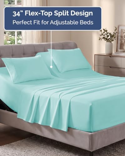 Flex Top Split Head King Sheet Set - 4 Piece Extra Deep Sheets - Spa Blue
