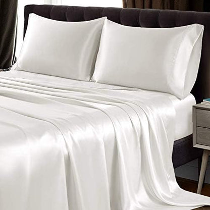 SiinvdaBZX 4Pcs Satin Sheet Set Queen Size 15-Inch Deep Pocket, Ivory White