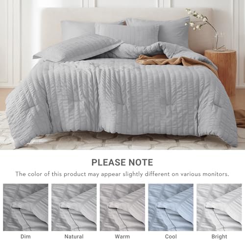 MUXHOMO 7 Pieces Oversized King Comforter Set, Seersucker Bed in a Bag Oversized King Size, All Season Luxury Bedding Set with Comforter, Flat Sheet, Fitted Sheet, Pillowcases & Shams, Light Grey