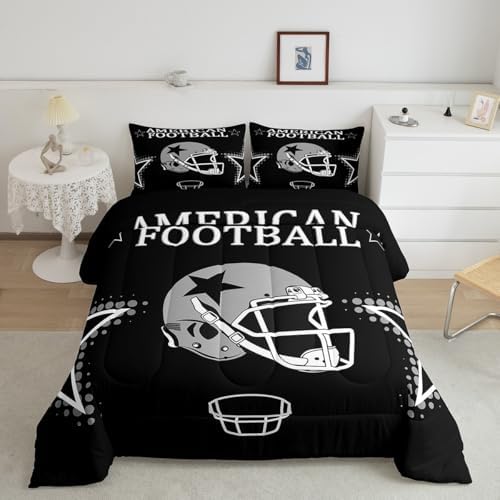 American Football Bedding Set Queen Size,Black Grey White Star Helmet Print Comforter Set for Kids Boys Teens Men Room Decor,Ball Sports Theme Quilt Set Modern Chic Duvet Insert,2 Pillowcases