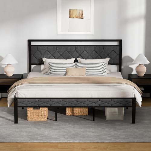 Z-hom King Size Bed Frame, King Bed Frame with Upholstered Headboard,Grey