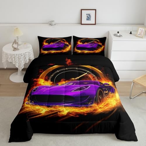 Erosebridal Purple Race Car Twin Comforter Set for Boys Girls,Kids Sports Car Bedding Set Race Car Decor for Toddler Boys Room,Cool Cars Comforter Set Breathable Racing Car Quilt Bed Set 2Pcs