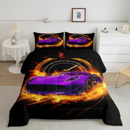 Erosebridal Purple Race Car Twin Comforter Set for Boys Girls,Kids Sports Car Bedding Set Race Car Decor for Toddler Boys Room,Cool Cars Comforter Set Breathable Racing Car Quilt Bed Set 2Pcs