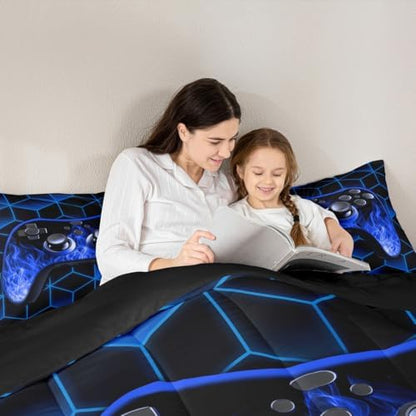 Blue Gaming Comforter Sets for Boys Gamer Gifts,Neon Geometric Toddler Bedding Sets for Boys,3D Geometric Kids Comforter Set Flame Gaming Consoles Decor for Bedroom Decor