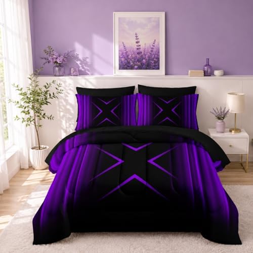 Nttopship Purple and Black Geometric Comforter Set Queen Size 7Pieces,3D Abstract Mordern Printed Bedding Set for Adults,Geometric Mordern Decor All Seasons with Pillowcases,Flat, Fitted Sheet