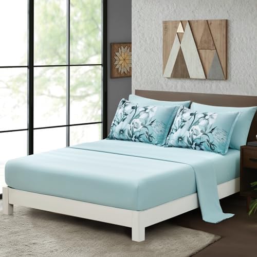 Luxudecor Floral Comforter Set Queen Size 7 Piece, Aqua Flower Bed in a Bag, Elegant Gradient Floral Comforter with Sheet Set, Soft Seersucker Microfiber Bedding Set for All Season (Aqua, 90"x90")