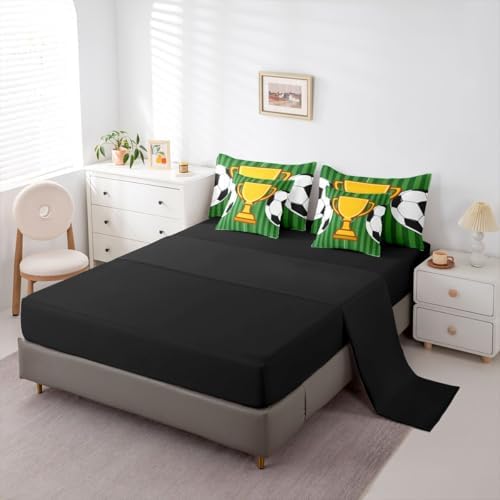 Erosebridal Soccer Gaming Boys Kids Football Court Green 7 Piece Bedding Set Twin | Sports Theme Playground Comforter Set with Sheets Ball Games Bed in A Bag Striped Geometric Bed Sets