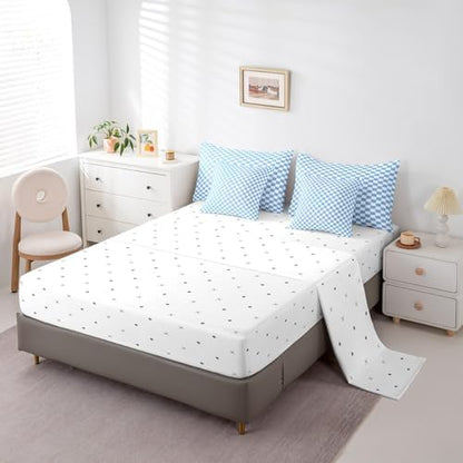 jejeloiu Blue Bedding Set 7Pcs Queen Size Kids Plaid Checkered Comforter Set with Sheets for Boys Girls Classic Grid Buffalo Check Bed in a Bag Soft Lightweight,Microfiber