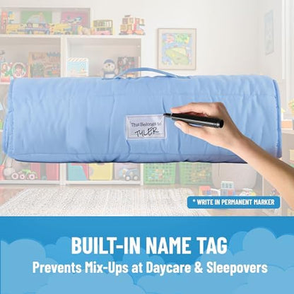 Jay Franco Kids Nap Mat with Embedded Pillow & Blanket – Soft 46"x20" Microfiber Sleeping Bag with Name Tag & Handle for School, Travel, Sleepover