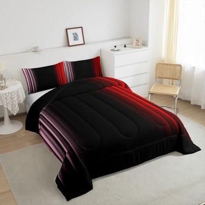 Feelyou Teens Abstract Ombre Decorations Bedding Set for Kids Women Pink Red and Black Comforter Set Geometric Modern Quilt Set Room 3Pcs Queen Size