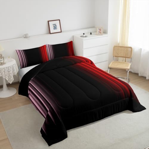 Feelyou Teens Abstract Ombre Decorations Bedding Set for Kids Women Pink Red and Black Comforter Set Geometric Modern Quilt Set Room 3Pcs King Size
