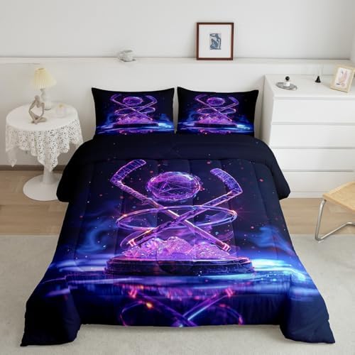 Erosebridal Ice Hockey Kids Comforter Set | Hockey Sports Bedding Full Size Purple Neon Down Comforter Sports Style Duvet Set for Bedroom