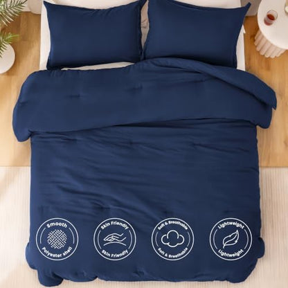 Love's cabin Dark Blue Queen Comforter Set, 3-Piece Prewashed Bed Set