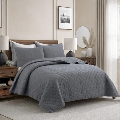 Cozy Line Home Fashions Charcoal Gray Cotton Quilt Set – 3-Piece Solid Textured Quilted Bedspread with Shams, Lightweight All Season Modern Bedding (Geometric - Gray, King - 3 piece)