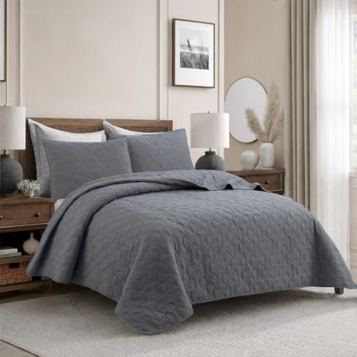 Cozy Line Home Fashions Charcoal Gray Cotton Quilt Set – 3-Piece Solid Textured Quilted Bedspread with Shams, Lightweight All Season Modern Bedding (Geometric - Gray, Queen - 3 piece)