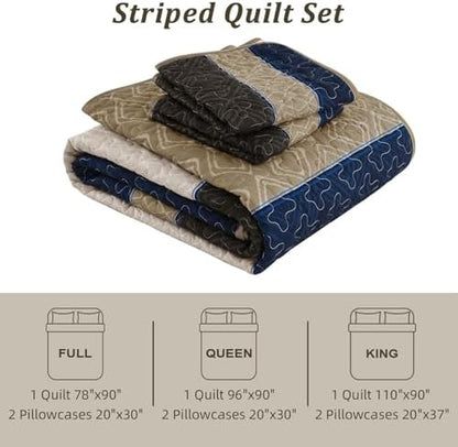 Cottolester Quilt Set Full,Brown Blue Striped Plaid Bedspread Coverlet Set