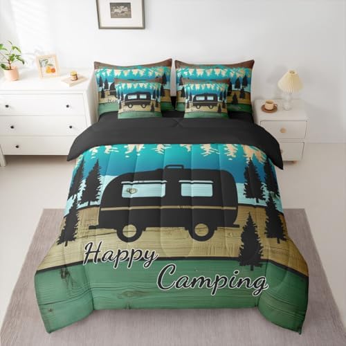 Erosebridal Happy Camping 7 Pieces Bedding Set King Size,Retro Wood Camp Camper Bed in a Bag,Travel RV Bed Set Includes Comforter,Sheet Set,Pillowcases & Pillow Covers,Vintage Farmhouse Bedroom Decor