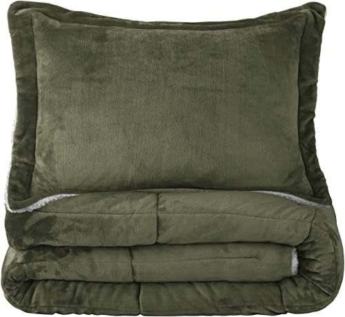 Sherpa Comforter Set Twin XL Size, Olive Green Bedding Set with Sham