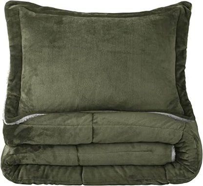 Sherpa Comforter Set Twin XL Size, Olive Green Bedding Set with Sham