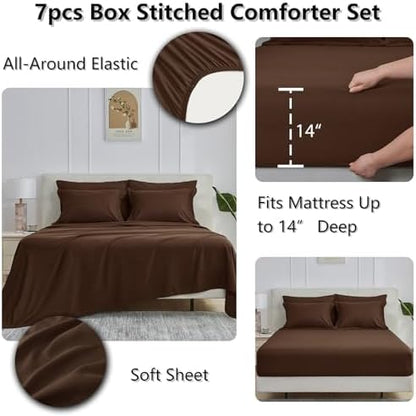 CozyLux Oversized Queen Comforter Set, 7-Piece Bed in a Bag, Brown