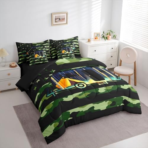 Erosebridal American Flag Camo 7 Piece Comforter Set Twin Bed in A Bag Happy Camping Bedding Set for Boys Girls Kids Army Green Camoflage Sheet Set with Comforter Camper Car Campsite Duvet Insert